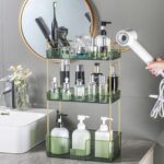 Bathroom Counter Organizer with Hair Dryer Holder, Hair Tool Countertop Storage, Cosmetics Skincare Shelf Organizer, Makeup Organizer Perfume for Dresser Vanity Tray(3 Tier-Green) - Image 6