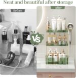Bathroom Counter Organizer with Hair Dryer Holder, Hair Tool Countertop Storage, Cosmetics Skincare Shelf Organizer, Makeup Organizer Perfume for Dresser Vanity Tray(3 Tier-Green) - Image 7