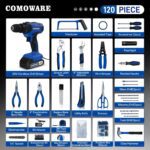 COMOWARE 120 Pcs Home Tool Kit with 20V Power Drill, Li-ion Battery & Charger - 25+1 Clutch Tool Set for Home, Garden & Office Repair - Blue Case - Image 3