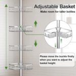 Shower Corner Caddy Tension Pole,Rustproof 4-Tier Bathroom Organizer,Adjustable Standing Shelves for Bathtub Shower Shampoo Storage,39 to 113 Inch,Silver - Image 4
