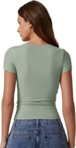 QINSEN Short Sleeve Shirts for Women Round Neck Basic Double Lined Tees Fitted Y2k Crop Tops - Image 3