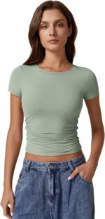 QINSEN Short Sleeve Shirts for Women Round Neck Basic Double Lined Tees Fitted Y2k Crop Tops - Image 5