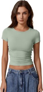 QINSEN Short Sleeve Shirts for Women Round Neck Basic Double Lined Tees Fitted Y2k Crop Tops - Image 6