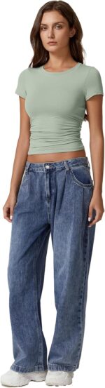 QINSEN Short Sleeve Shirts for Women Round Neck Basic Double Lined Tees Fitted Y2k Crop Tops - Image 7
