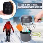 Camping Cookware Set, 16pcs Lightweight Backpacking Mess Kit with Camping Pots and Pans, 2 Cups, Fork Spoon, Survival Cooking Kit for Outdoor Hiking and Picnic - Image 8
