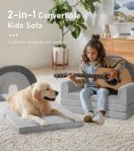 little dove 2-in-1 Kids Couch, Extra Wide Soft Toddler Couch Fold Out, Convertible Kids Sofa to Lounger, Comfy Toddler Chair, Kid Furniture for Playroom, Ideal Gifts for Boys & Girls, Gray - Image 4