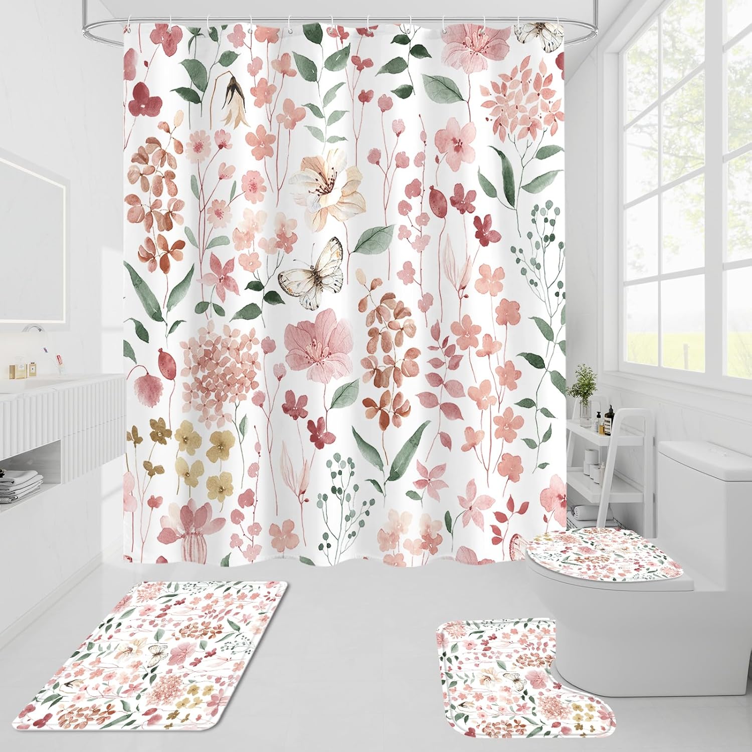 4 Pcs Pink Watercolor Floral Shower Curtain Sets, Pink Shower Curtains with Flower Plant Leaves and Rugs for Spring Summer Bathroom Decor, Botanical Modern Farmhouse Rustic Bathroom Set - Image 3