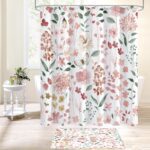 4 Pcs Pink Watercolor Floral Shower Curtain Sets, Pink Shower Curtains with Flower Plant Leaves and Rugs for Spring Summer Bathroom Decor, Botanical Modern Farmhouse Rustic Bathroom Set - Image 4