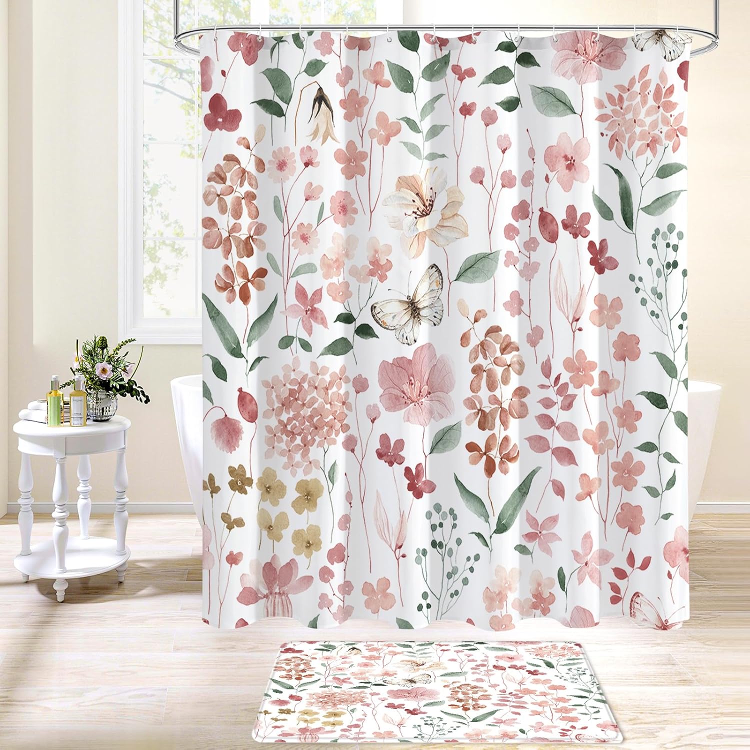 4 Pcs Pink Watercolor Floral Shower Curtain Sets, Pink Shower Curtains with Flower Plant Leaves and Rugs for Spring Summer Bathroom Decor, Botanical Modern Farmhouse Rustic Bathroom Set - Image 4