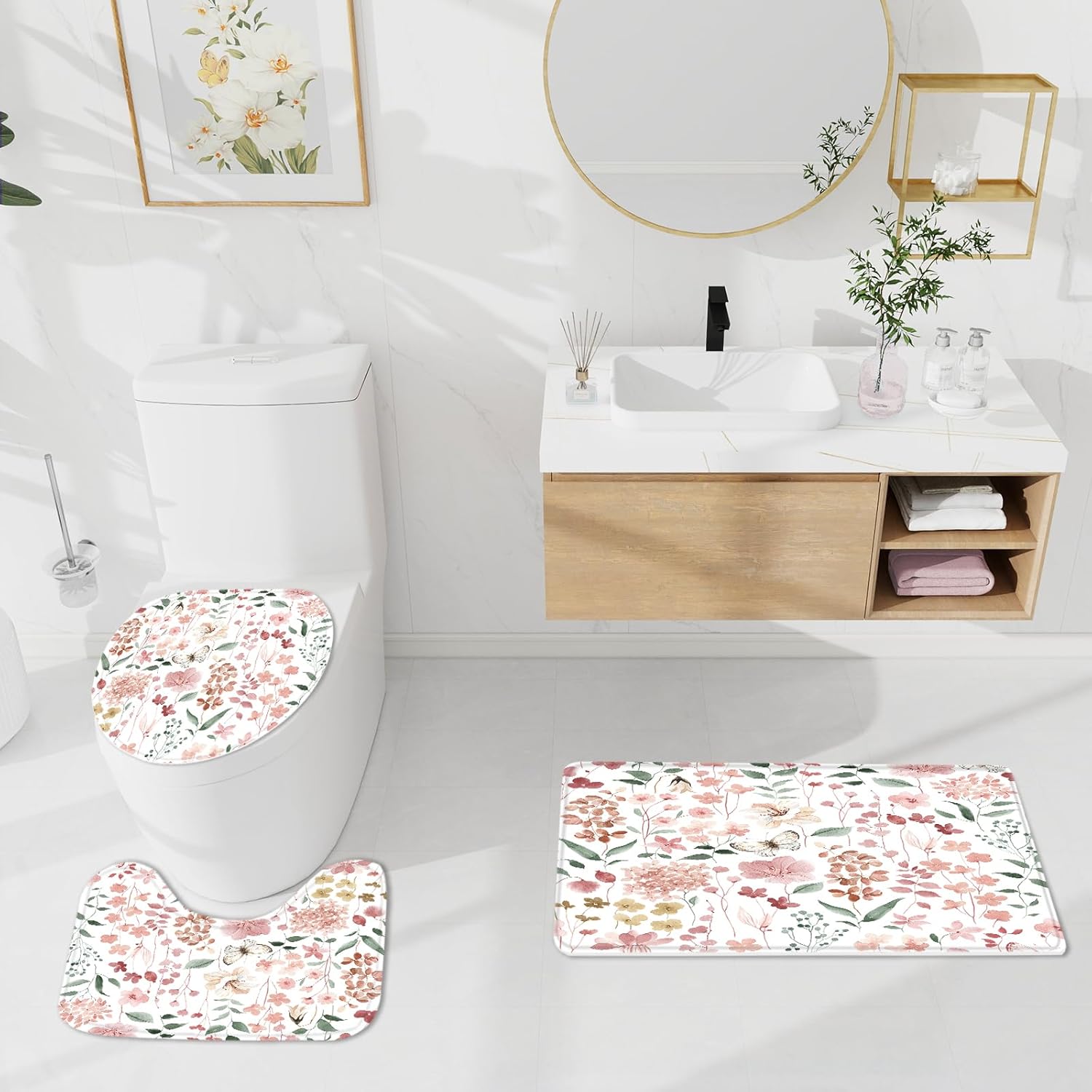 4 Pcs Pink Watercolor Floral Shower Curtain Sets, Pink Shower Curtains with Flower Plant Leaves and Rugs for Spring Summer Bathroom Decor, Botanical Modern Farmhouse Rustic Bathroom Set - Image 5