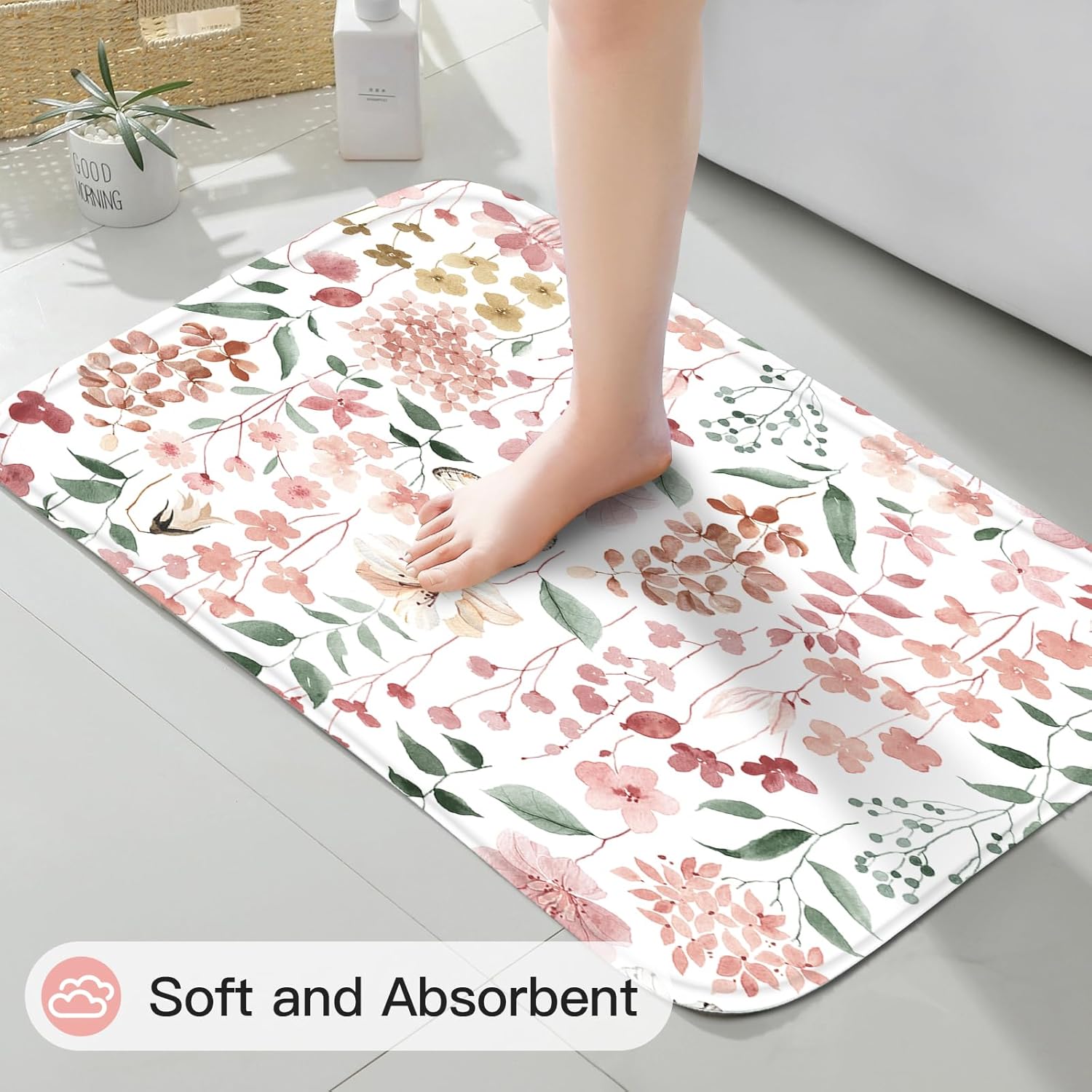 4 Pcs Pink Watercolor Floral Shower Curtain Sets, Pink Shower Curtains with Flower Plant Leaves and Rugs for Spring Summer Bathroom Decor, Botanical Modern Farmhouse Rustic Bathroom Set - Image 6