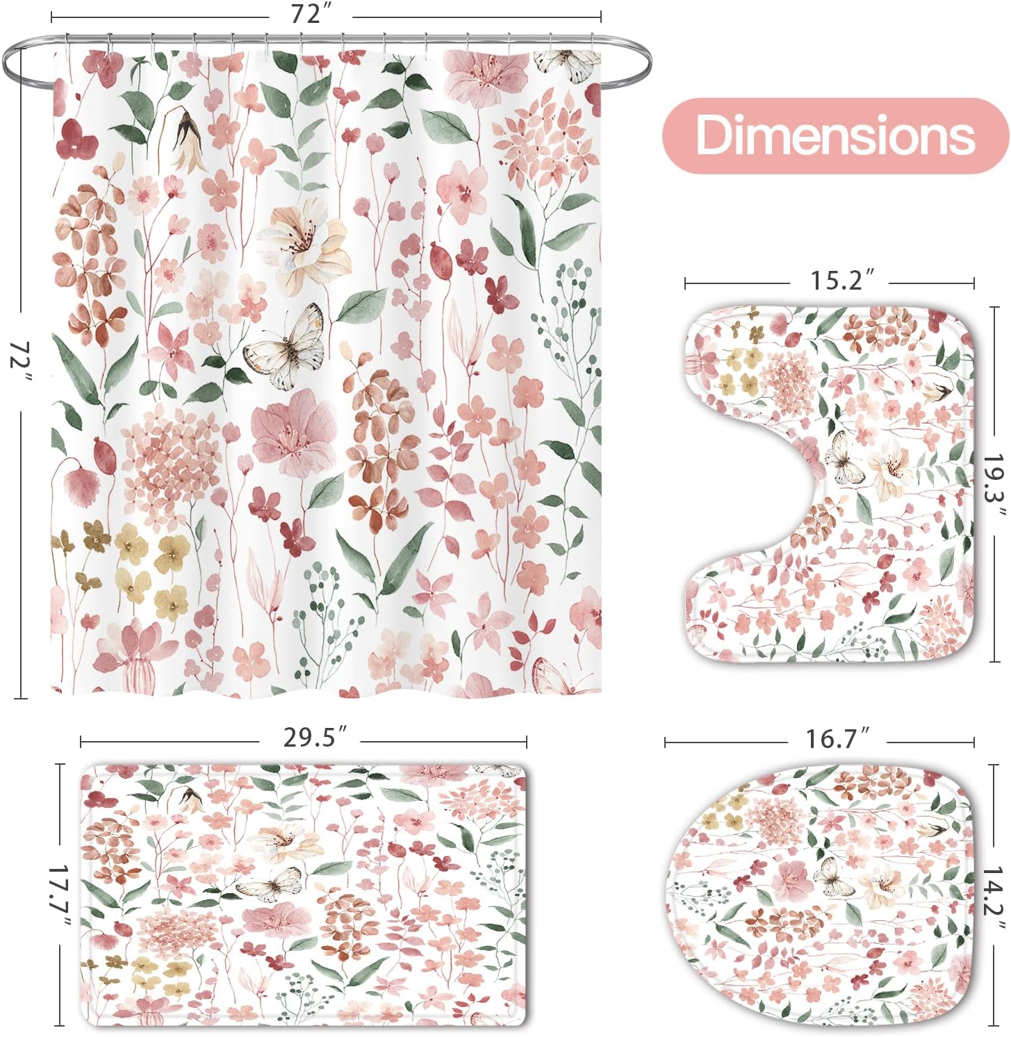 4 Pcs Pink Watercolor Floral Shower Curtain Sets, Pink Shower Curtains with Flower Plant Leaves and Rugs for Spring Summer Bathroom Decor, Botanical Modern Farmhouse Rustic Bathroom Set - Image 8