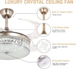 STERREN 42 Inch Crystal Ceiling Fan with Light,Modern Retractable Flush Mount Low Profile Bladeless Chandelier Ceiling Fan with Lights and Remote for Bedroom Living Room Fandelier - Image 8