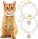 2pcs Cat Dog Pearl Collar, Small Heart Shape Rhinestone Pet Necklace, Adjustable Wedding Party Pet Jewelry Accessories for Puppy Small Cats- White & Pink - Image 2
