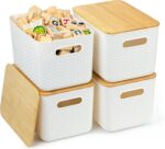 4 Packs Storage Bins with Bamboo Lids - Plastic Storage Containers with Lids Stackable Storage Box：Storages Baskets for Organizing Desktop Closet Playroom Classroom Office,White - Image 2