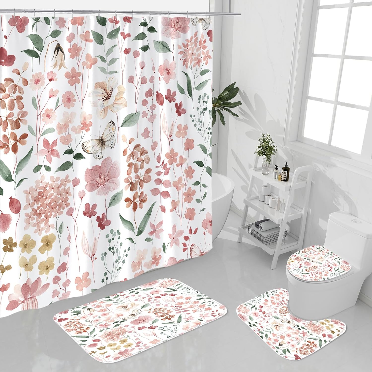 4 Pcs Pink Watercolor Floral Shower Curtain Sets, Pink Shower Curtains with Flower Plant Leaves and Rugs for Spring Summer Bathroom Decor, Botanical Modern Farmhouse Rustic Bathroom Set - Image 2