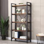 5 Tier Bookcase, Solid Wood Bookshelf Rustic Vintage Industrial Etagere Bookcase, Metal and Wood Free Vintage Bookshelf, Retro Brown (Real Wood) (5-Tiers) - Image 2