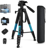 75" Heavy Duty Camera Tripod Stand with Bluetooth Remote - Max Load 15LB, Aluminum Travel Tripod for DSLR/Phone/Tablet/Projector, 3-Way Pan Head & Quick Release Plate, Compact Foldable Design (Blue) - Image 2
