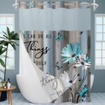 AZHM No Hooks Shower Curtain with Snap in Liner Rustic Teal Daisy Flower Inspirational Quotes Curtain for Bathroom Decor See Through Top Window Double Layers, 71x74 inches - Image 2