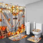 AZHM Thanksgiving Shower Curtain Set, Fall Pumpkin Shower Curtain for Bathroom, 4PCS Wooden Door Background Bathroom Decor Set - Image 2