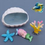 Aquarium Decor Hideout Cave 4Pack Kit, Shell Shaped Hideaway Rock+Cute Mermaid+Artificial Coral+Starfish for Beta Fish, Fish Tank Accessories MiNi Resin Coral, Ceramic Hamster House - Image 2
