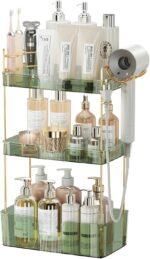 Bathroom Counter Organizer with Hair Dryer Holder, Hair Tool Countertop Storage, Cosmetics Skincare Shelf Organizer, Makeup Organizer Perfume for Dresser Vanity Tray(3 Tier-Green) - Image 2