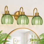 Bathroom Light Fixtures (3-Light, 20 in), Brushed Gold Vanity Lights for Bathroom with Ribbed Green Tulip Glass Shade, Vintage Vanity Wall Lights for Mirror Bedroom Living Room Hallway - Image 2