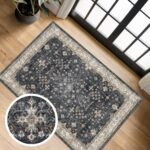 Black Washable Entry Rug, 2x3 Small Rugs for Entryway Kitchen Bathroom Door Mat Indoor Entrance, Non Slip Rubber Backing, Stain & Fade Resistant, Ashen Charcoal Floral Decor - Image 2