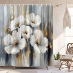 Boho Grey Gold Floral Shower Curtain, Abstract Neutral Modern Chic Aesthetic Flowers Botanical Shower Curtains for Bathroom, Minimalist Tan Gray Golden Decorative Oil Paint Bath Curtain 72X72 - Image 2
