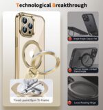 [CD Metal Ring & Invisible 360° Spin Stand] Magnetic Case for iPhone 15 Pro Max [Electroplated Shockproof Bumper ] [Compatible with Mag Safe] Cover with Stand for Women Men Slim Clear - Gold - Image 2