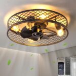 Caged Ceiling Fans with Lights and Remote Vintage Ceiling Fan with Light 19.6" Low Profile Flush Mount Ceiling Fan Lighting Fixture for Bedroom 6 Speeds Reversible (Black) - Image 2