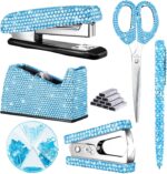 Demissle 6 Pcs Bling Office Desk Accessories Set Crystal Back to School Stationery Kit Scissor Stapler with Staple Tape Dispenser Diamond Pen Staple Remover Binder Clip Paper Clip Push Pins(Blue) - Image 2