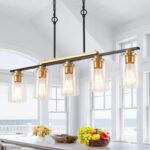 Dining Room Light Fixture/Chandelier Over Table, 5-Light Kitchen Island Lighting Hanging for Farmhouse Linear Chandeliers Black and Gold Ceiling Pendant Light Fixtures with Clear Glass Shade - Image 2