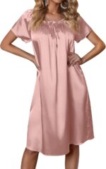 Ekouaer Women's Satin Silk Pleated Nightgown Loose Sleepwear Printed Nightshirt Short Sleeve Sleep Dress - Image 2