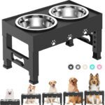 Elevated Dog Bowls with 2 Stainless Steel Bowls, Raised Dog Food Bowl Stand 5 Height Adjustable (3.1", 9", 10", 11", 12") Non-Slip Feeder Station Set for Medium and Large Dogs - Black - Image 2