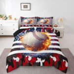 Erosebridal Baseball Comforter Set, Twin Size, Boys American Flag Quilted Duvet Camouflage Bedding for Kids Teens Adult Men, USA Federations Stars Duvet Set, Black and Red Bedroom Decor - Image 2