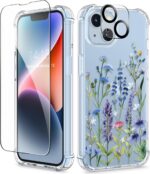 GVIEWIN for iPhone 14 Case Floral, with Screen Protector+Camera Lens Protector,[Non Yellowing] Soft Shockproof Clear Phone Protective Cover for Women, Flower Pattern Design 6.1"(Sweet Posy/Blue) - Image 2