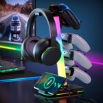 Gaming Headphones Stand with Charging Station, RGB Headset Stand with 10 Light Modes, 4 Controller Holder with 1 USB & 2 Type-C Charging Ports - Earphone Hook for PC Desktop Gamer Accessories Storage - Image 2