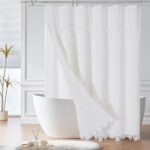Gibelle Extra Long Boho Farmhouse Shower Curtain, Linen Cotton Fabric Shower Curtain with Macrame Lace Decor, Modern Bohemian French Country Chic Shower Curtain Set with PEVA Liner 72x84 - White - Image 2