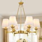 Gold Chandelier with White Shades, 6-Light Modern Farmhouse Chandeliers for Dining Room, Rustic Round Hanging Light Fixture for Kitchen Island Bedroom Office Living Room Entryway - Image 2