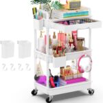 Goovilla 3 Tier Rolling Utility Cart Organizer with Removable Drawer, Stable and Sturdy White Rolling Storage Carts with 2 Lockable Wheels for Bathroom, Kitchen, Snack, Craft, Makeup, Baby Essentials - Image 2