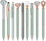 Janmini 9 Pcs Ballpoint Pens Set Metal Crystal Diamond Glitter Pens for Journaling Black Ink Pretty Cute Things Fancy Stationery Gifts for Women Girls Birthday Home Office Desk (Sage Green) - Image 2
