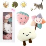 Kitten Chew Toys for Teething with Catnip – 3Pcs Bite Resistant Plush Cat Toys (Strawberry, Cloud Bell, Sunflower Stick) - Image 2