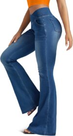 Knit Stretchy Jean Leggings for Women with Crossover High Waisted Bell Bottom Yoga Pants Flare Leggings with Pockets - Image 2