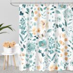 Long Shower Curtain 72 x 78 Inch, Tall Teal Floral Shower Curtains for Bathroom, Turquoise Watercolor Flower Butterfly Fabric Shower Curtain Set with Hooks - Image 2