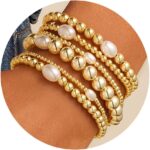 M MOOHAM Gold Beaded Bracelets for Women - 14k Real Gold Plated Beaded Pearl Bracelet Set Stack for Women Trendy Non Tarnisn, Adjustable Stretch Bracelet Jewelry Gifts for Teen Girls Women - Image 2