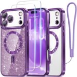 Meifigno Designed for iPhone 17 Pro Case 6.3", [Glitter Card & Wrist Strap] [Compatible with MagSafe] [2X HD Screen Protectors] Surround Raised Lens Protection for 17 Pro Phone Case for Women, Purple - Image 2
