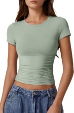QINSEN Short Sleeve Shirts for Women Round Neck Basic Double Lined Tees Fitted Y2k Crop Tops - Image 2