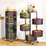 SAYZH Fruit Vegetable Basket for Kitchen, Rotating Storage Rack, 5 Tier Rolling Cart with top lid, Large Metal Wire Wheels, Black - Image 2