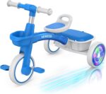 SEREED Colorful Lighting Toddler Tricycle for 2-5 Years Old Boys Girls, Adjustable Seat&Handlebar Trike, Removable Basket, Birthday Gift Idea for Kids Ages 2+ (Blue) - Image 2